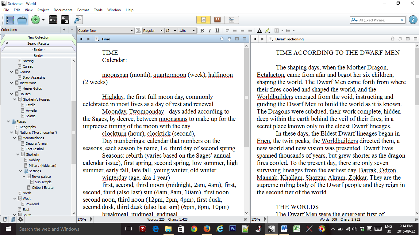 A screen capture of my world building notes. You'll see on the left, I have my menu showing all the different notes. On the right I am using split screen so I can keep two different notes open at the same time.